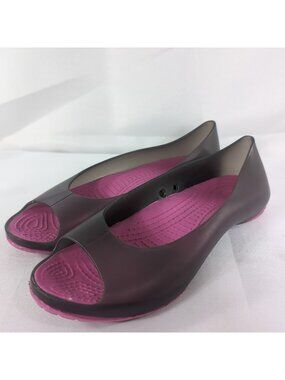 Crocs Carlie Pink Black Women's 8 39 Open Peep Toe Ballet Flats Shoes Grey Jelly